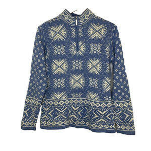 Womens Mediun Deane & White Blue Nordic Fair Isle Wool Blend Quarter Zip Sweater